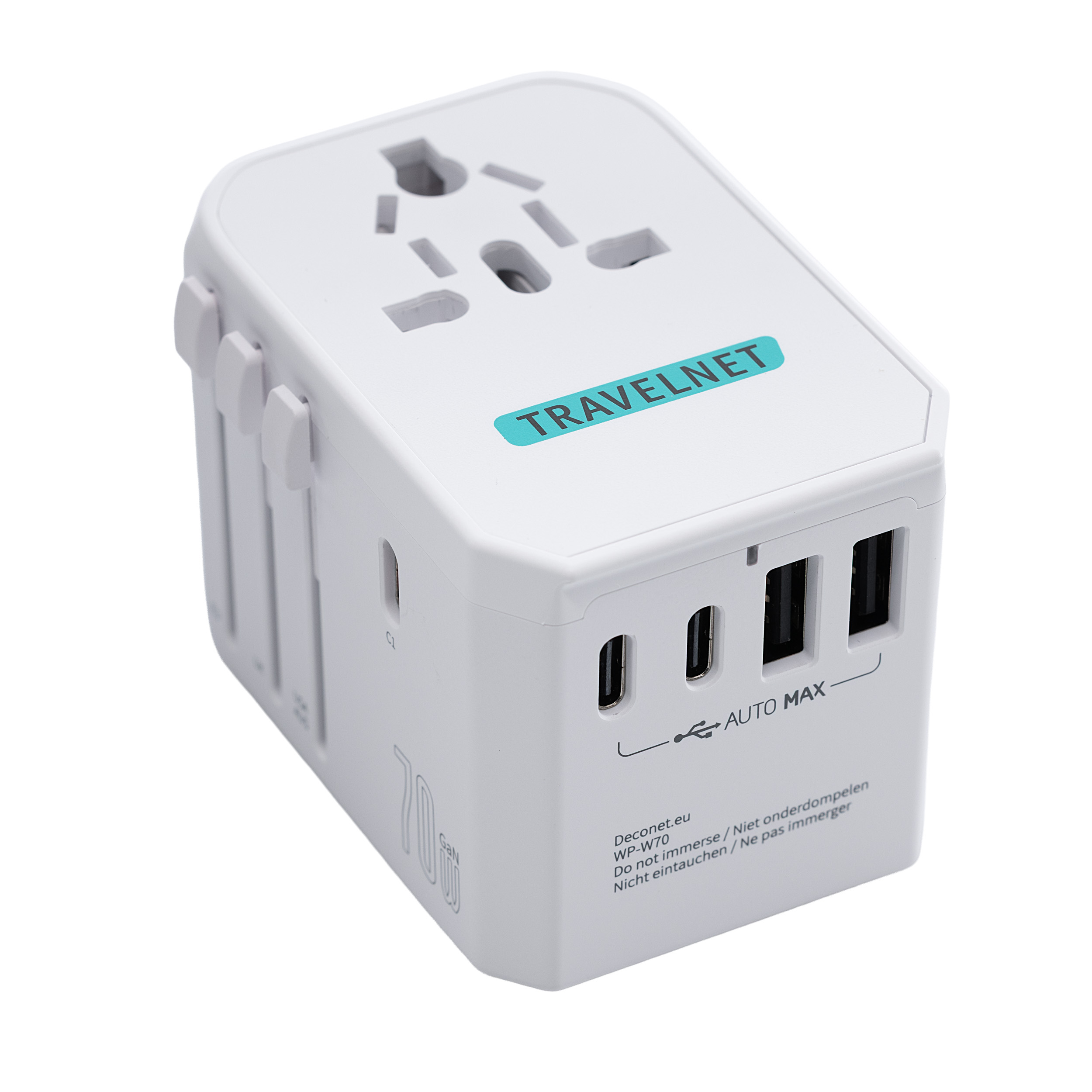 Travelnet World plug con USB-C (PD) 70W - Spina da viaggio universale - 3x USB-C e 2x USB-A - Caricatore rapido
